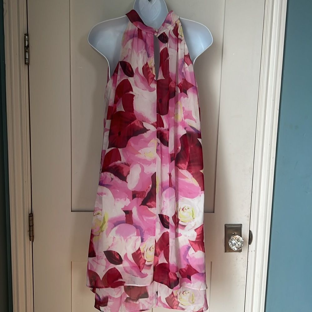 Eliza J Women's Chiffon Pink & Cream Floral Print Halter Neck Dress sz 8 - Picture 5 of 11